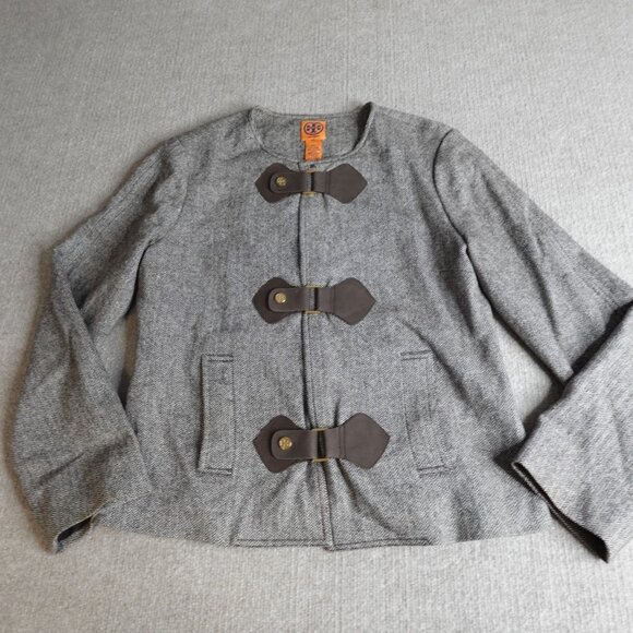 Tory Burch Blazer Brown Small Herringbone Tweed Jacket Toggle Front 22061513 - Picture 1 of 12